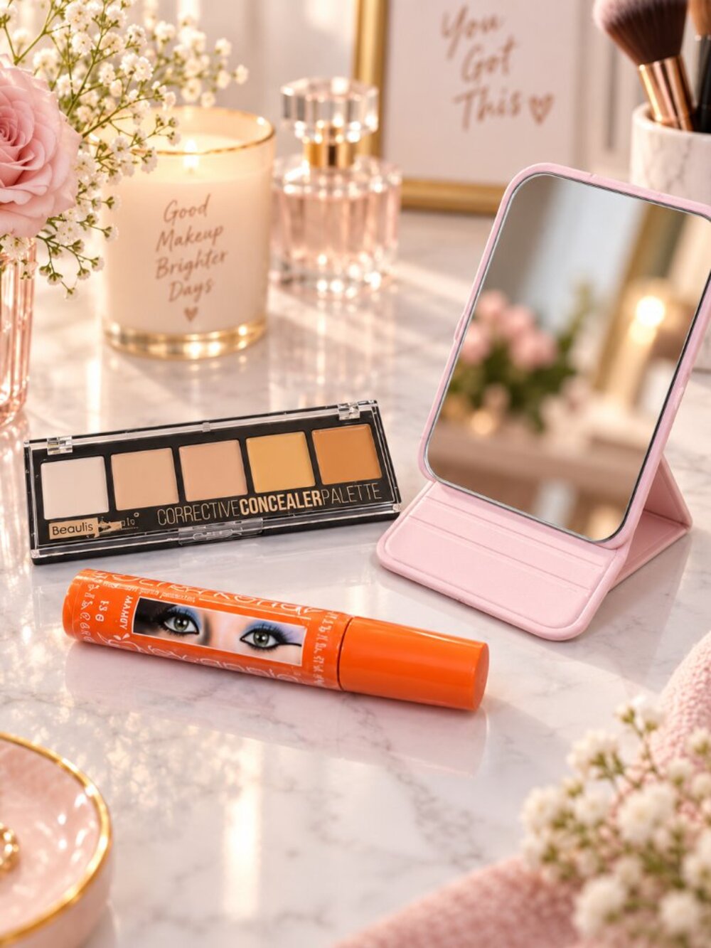 3 Pc Makeup Set Concealer Palette Mascara Pink Stand Mirror